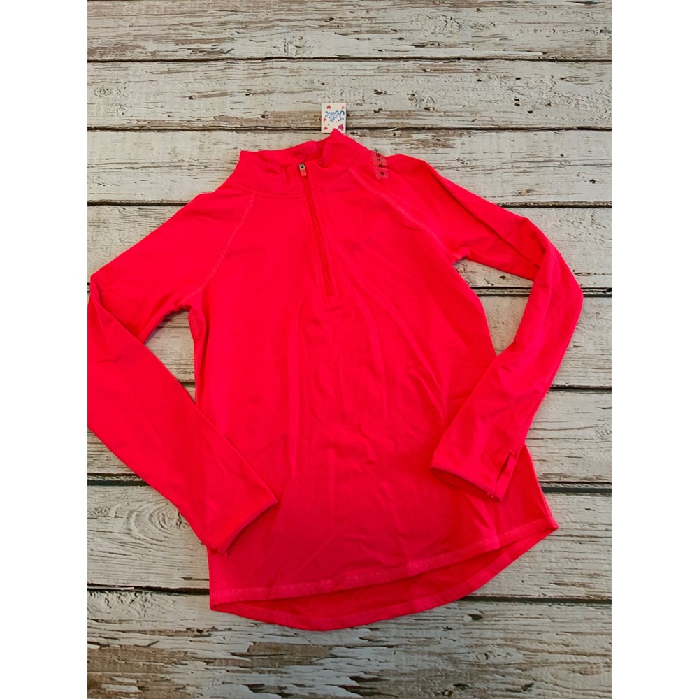 NWT Justice Girls Neon Pink Quarter Zip Active Top Long‎ Sleeve Thumbholes Sz 12